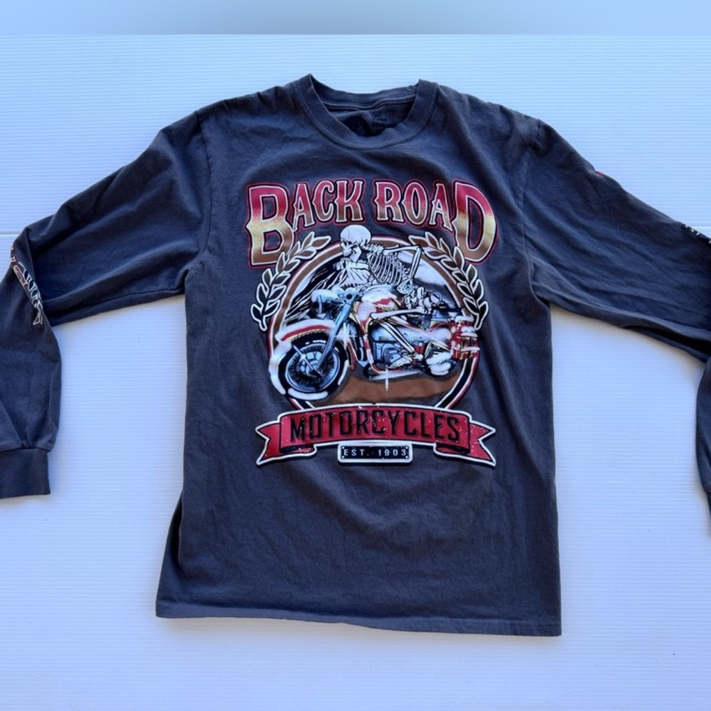 Back Road Motorcycles Long Sleeve Tee Tree Hugger Sz M Biker Graphic - Picture 1 of 4